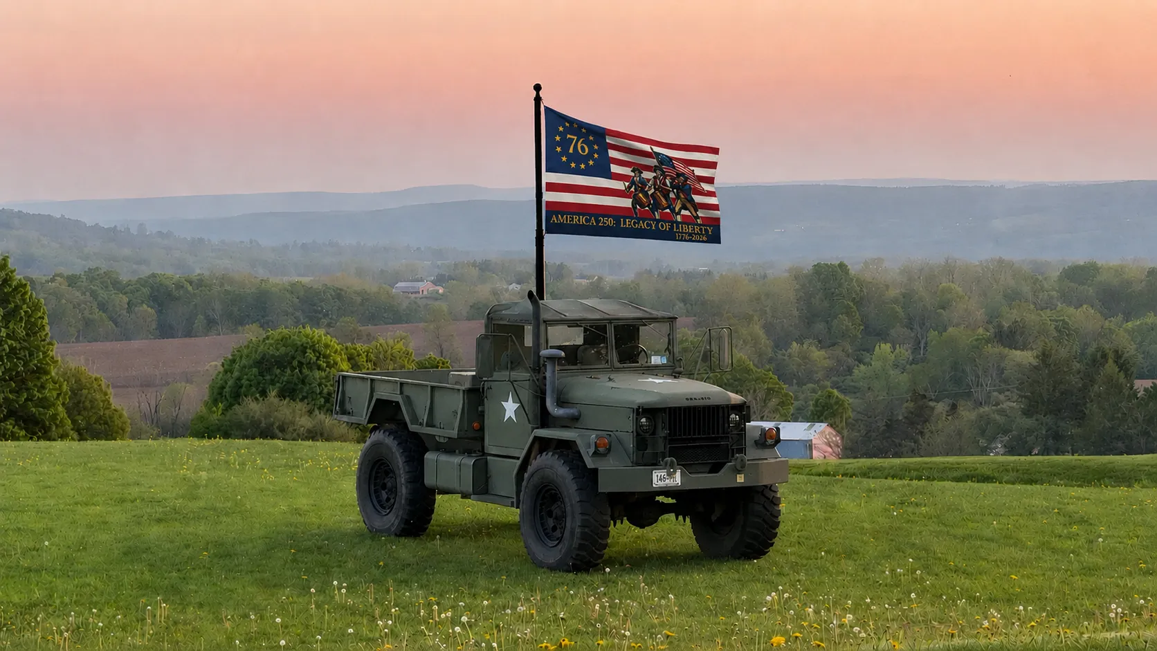 America 250 flag flying proud beside a military truck