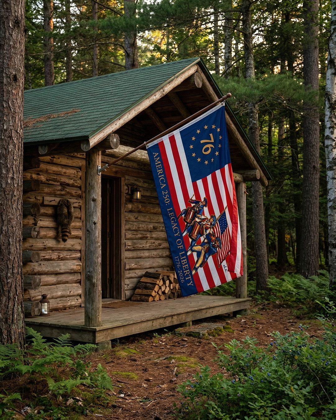 America 250 Legacy of Liberty flag at a cabin in the woods