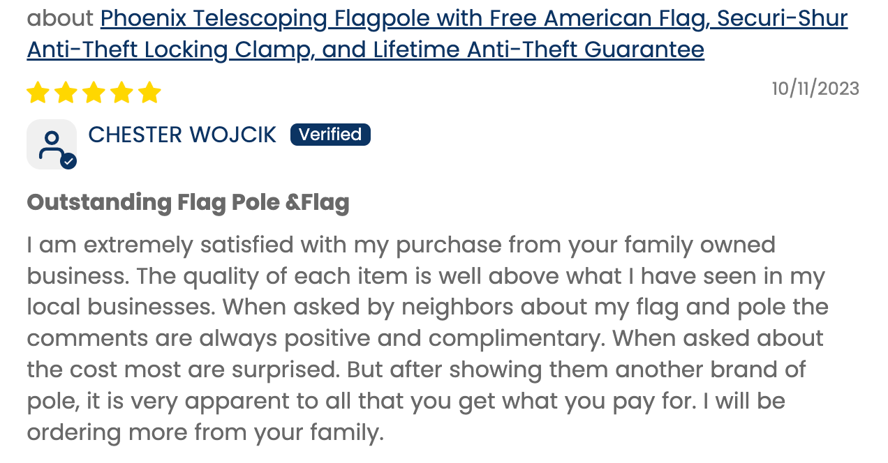 Verified customer review of the Phoenix flagpole