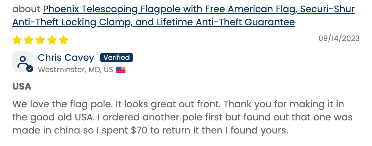 Verified customer review of the Phoenix flagpole